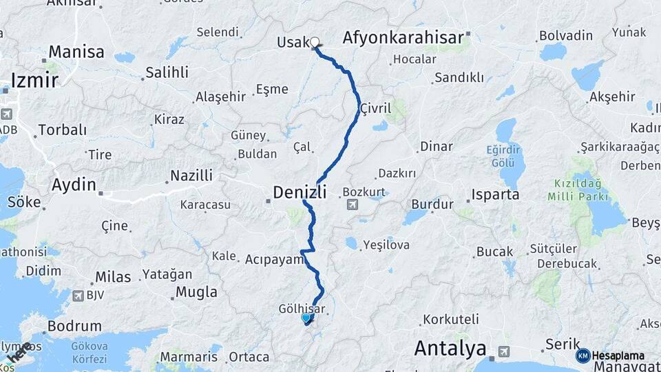 Denizli Çameli Uşak Arası Kaç Km - Yol Haritası
