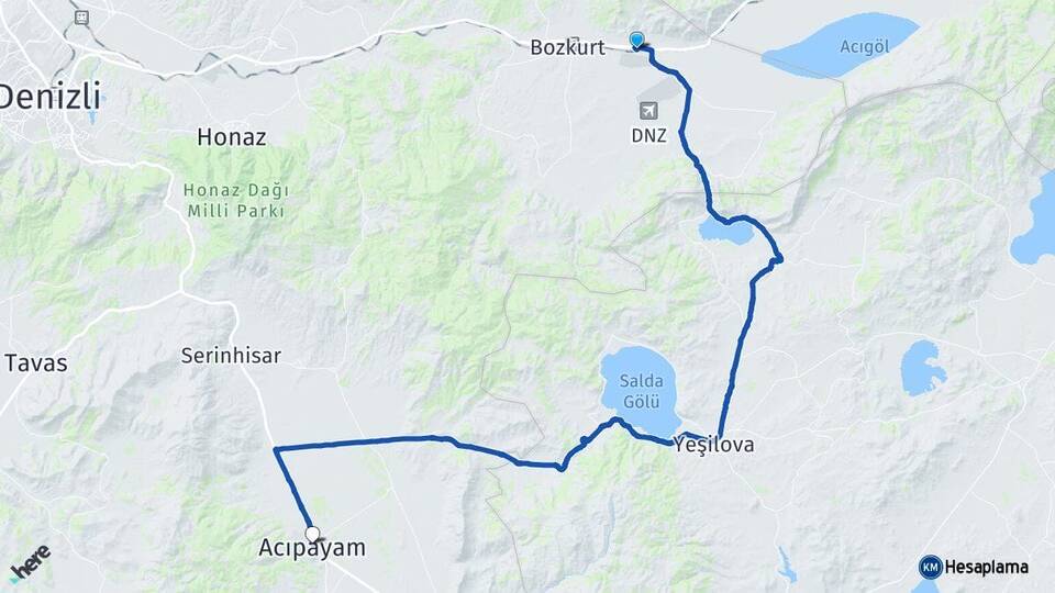 Denizli Çardak Acıpayam Arası Kaç Km - Yol Haritası