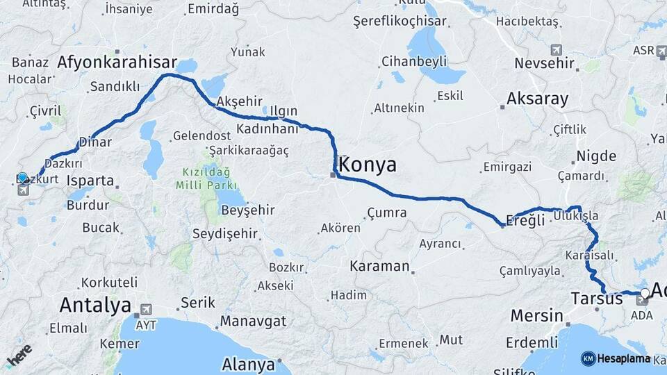 Denizli Çardak Adana Arası Kaç Km - Yol Haritası