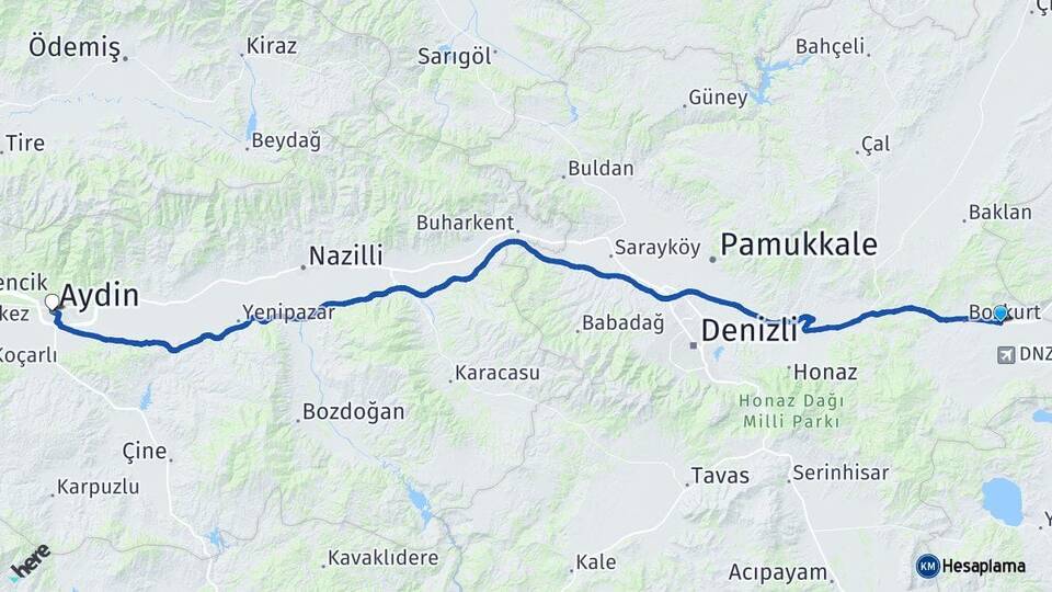 Denizli Çardak Aydın Arası Kaç Km - Yol Haritası