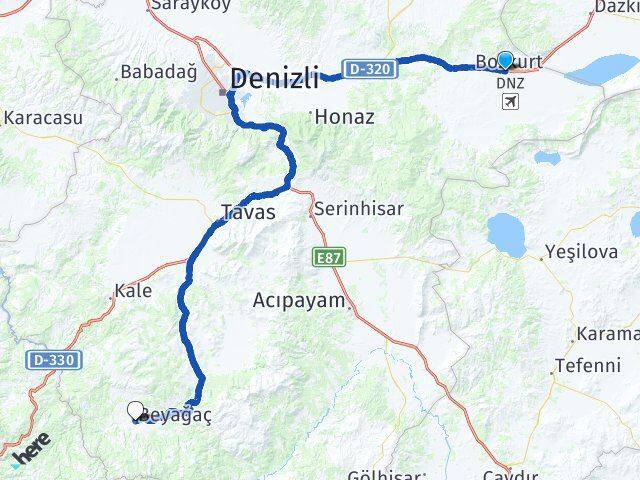 Denizli Çardak Beyağaç Arası Kaç Km - Yol Haritası