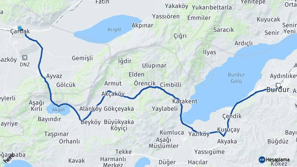Denizli Çardak Burdur Arası Kaç Km - Yol Haritası