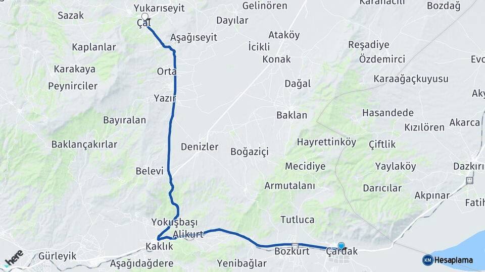 Denizli Çardak Çal Arası Kaç Km - Yol Haritası