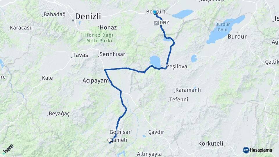 Denizli Çardak Çameli Arası Kaç Km - Yol Haritası