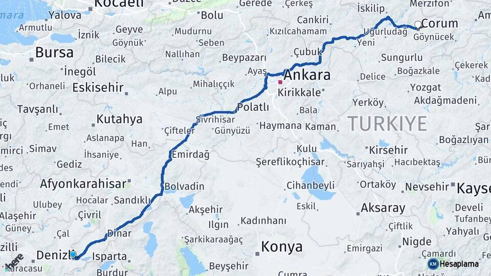 Denizli Çardak Çorum Arası Kaç Km - Yol Haritası