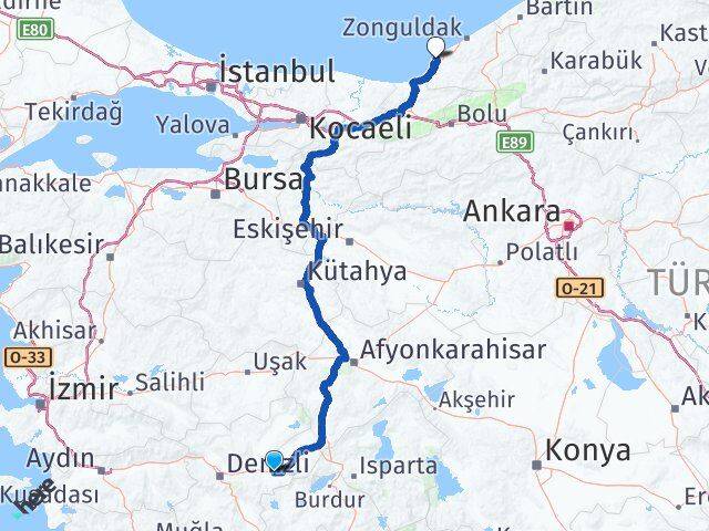 Denizli Çardak Ereğli Zonguldak Arası Kaç Km - Yol Haritası