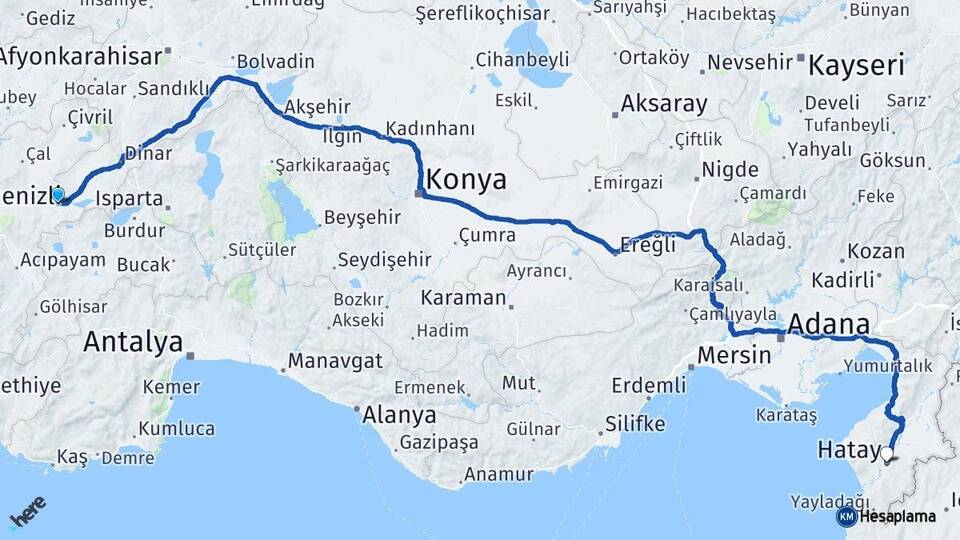 Denizli Çardak Hatay Arası Kaç Km - Yol Haritası