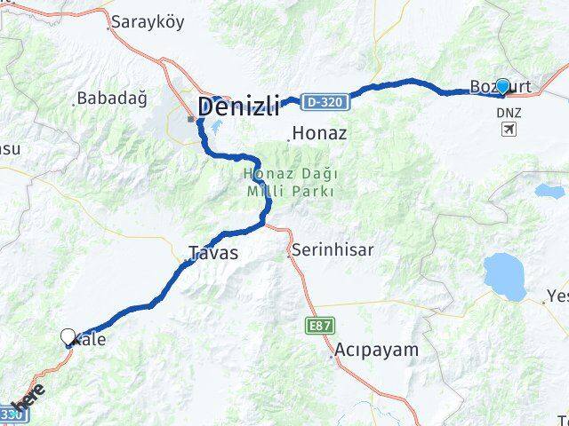 Denizli Çardak Kale Arası Kaç Km - Yol Haritası