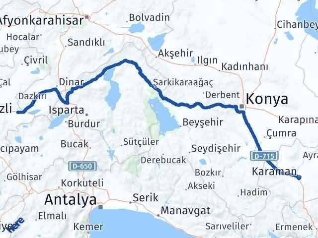 Denizli Çardak Karaman Arası Kaç Km - Yol Haritası