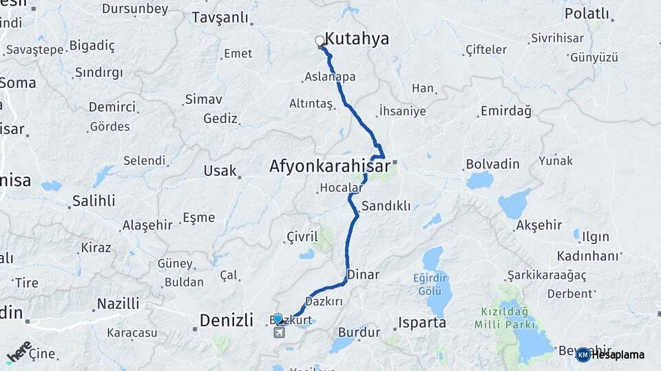 Denizli Çardak Kütahya Arası Kaç Km - Yol Haritası