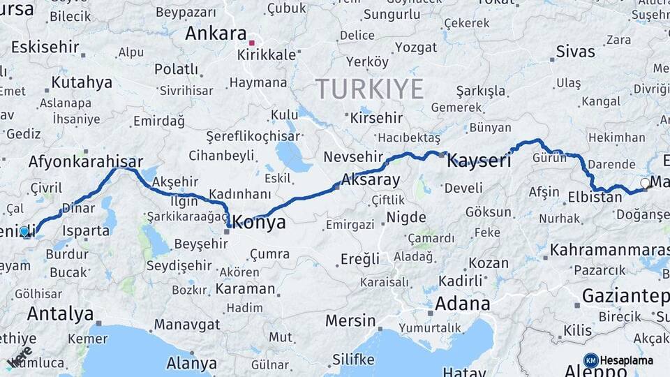 Denizli Çardak Malatya Arası Kaç Km - Yol Haritası