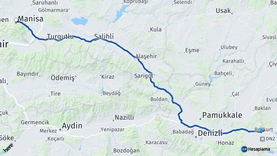 Denizli Çardak Manisa Arası Kaç Km - Yol Haritası
