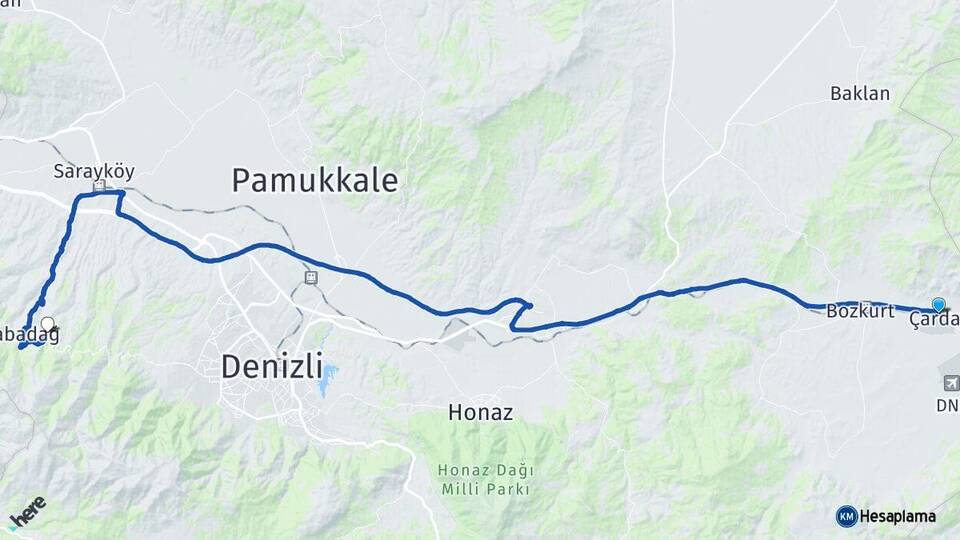 Denizli Çardak Merkezefendi Arası Kaç Km - Yol Haritası
