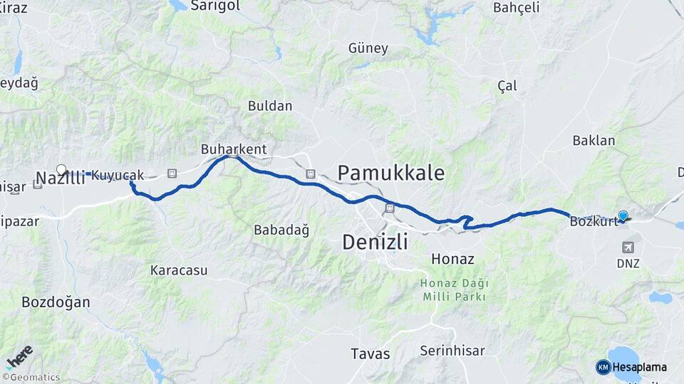 Denizli Çardak Nazilli Aydın Arası Kaç Km - Yol Haritası