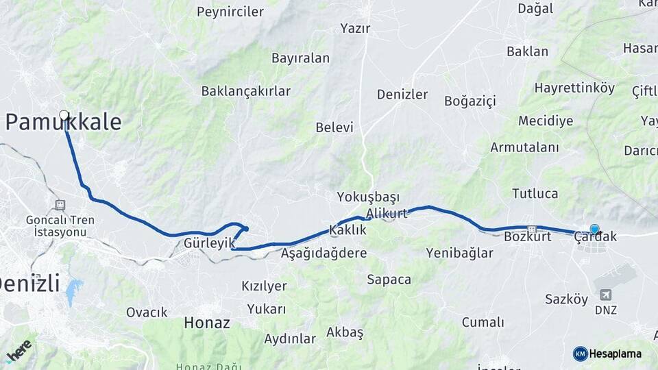 Denizli Çardak Pamukkale Arası Kaç Km - Yol Haritası