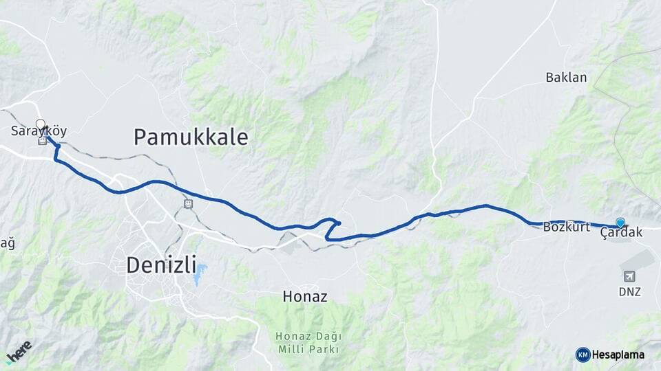 Denizli Çardak Sarayköy Arası Kaç Km - Yol Haritası