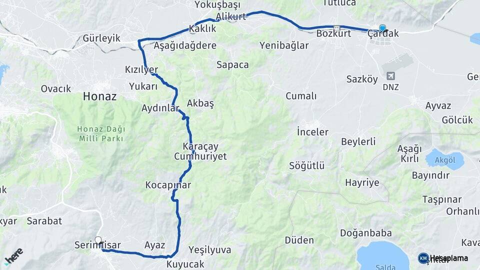 Denizli Çardak Serinhisar Arası Kaç Km - Yol Haritası