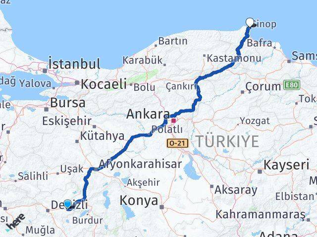 Denizli Çardak Sinop Arası Kaç Km - Yol Haritası