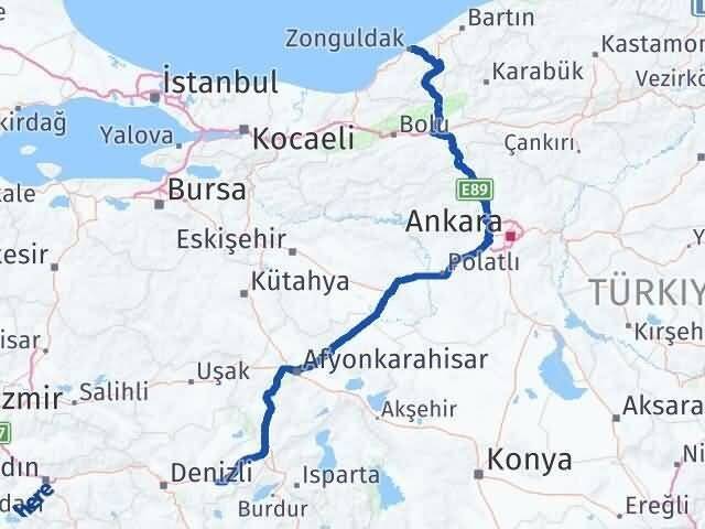 Denizli Çardak Zonguldak Arası Kaç Km - Yol Haritası