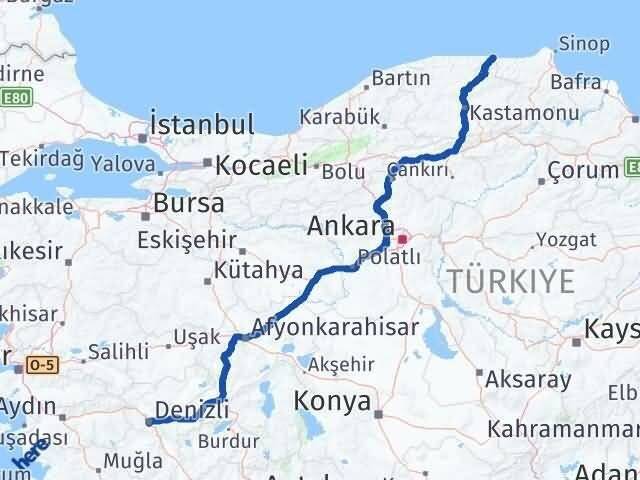 Denizli Çatalzeytin Kastamonu Arası Kaç Km - Yol Haritası