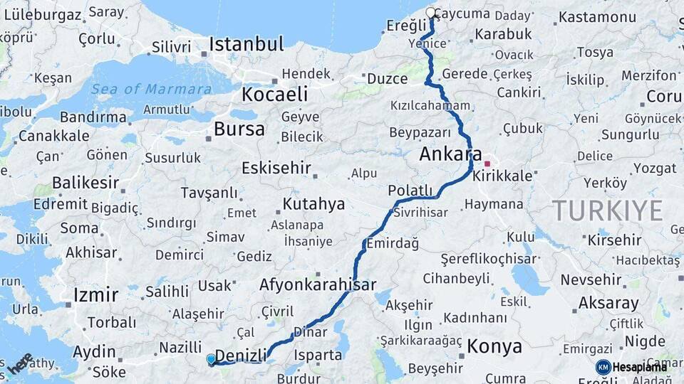 Denizli Çaycuma Zonguldak Arası Kaç Km - Yol Haritası