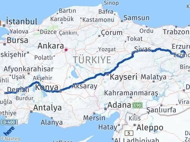 Denizli Çayırlı Erzincan Arası Kaç Km - Yol Haritası