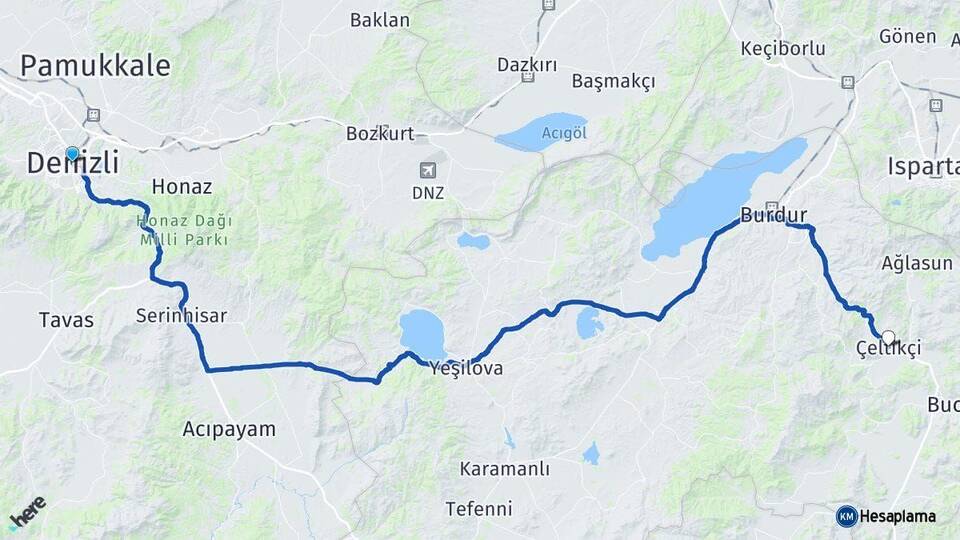 Denizli Çeltikçi Burdur Arası Kaç Km - Yol Haritası