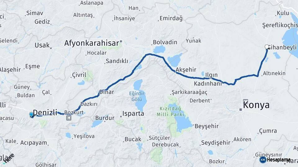 Denizli Cihanbeyli Konya Arası Kaç Km - Yol Haritası