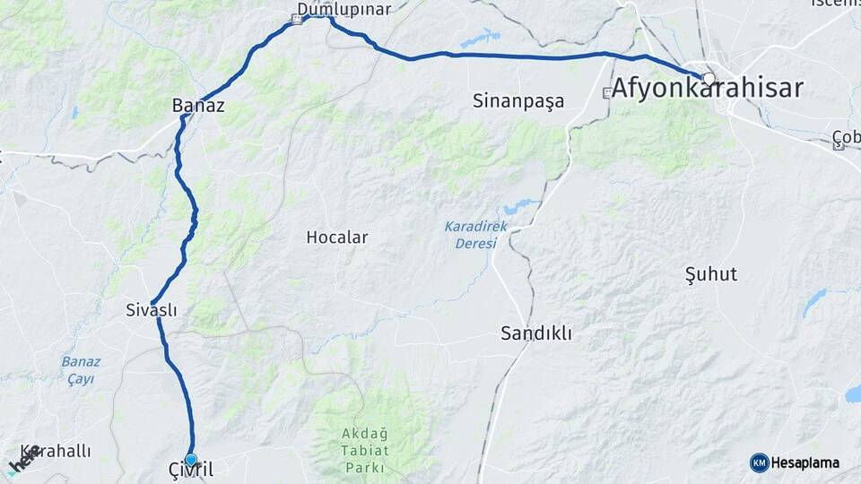 Denizli Çivril Afyonkarahisar Arası Kaç Km - Yol Haritası
