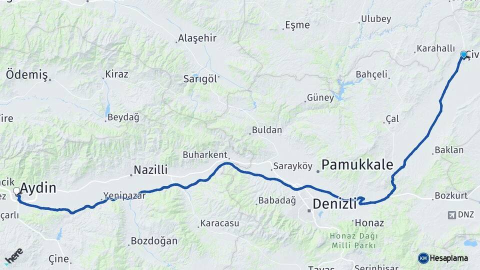 Denizli Çivril Aydın Arası Kaç Km - Yol Haritası