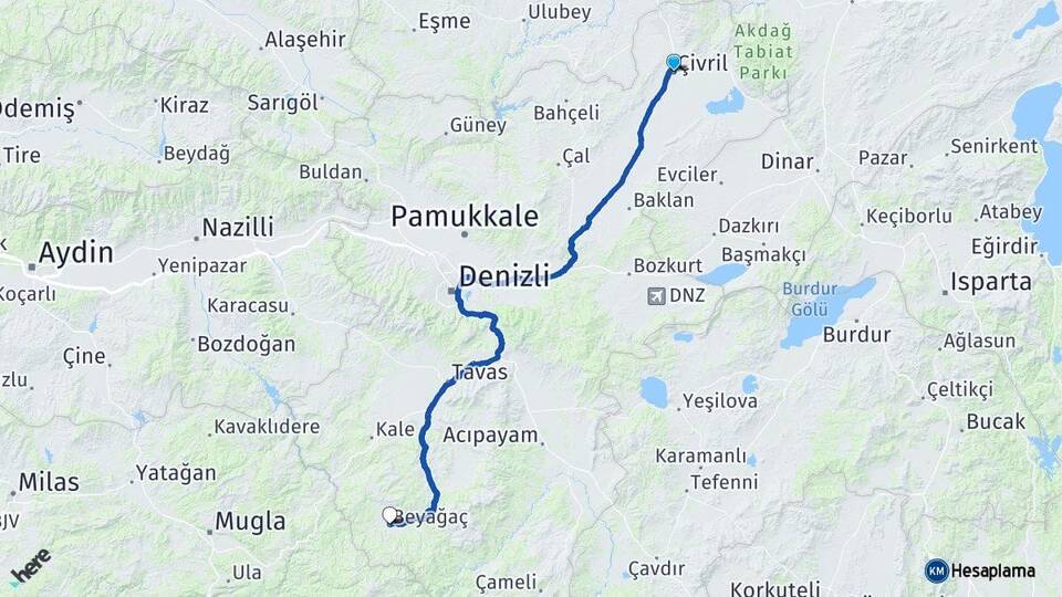 Denizli Çivril Beyağaç Arası Kaç Km - Yol Haritası
