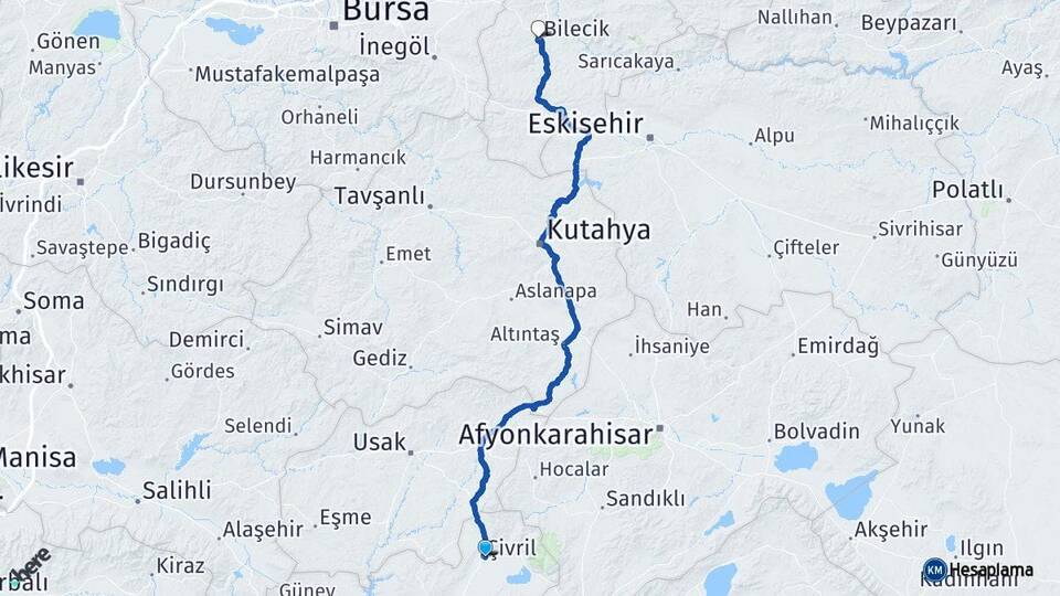 Denizli Çivril Bilecik Arası Kaç Km - Yol Haritası