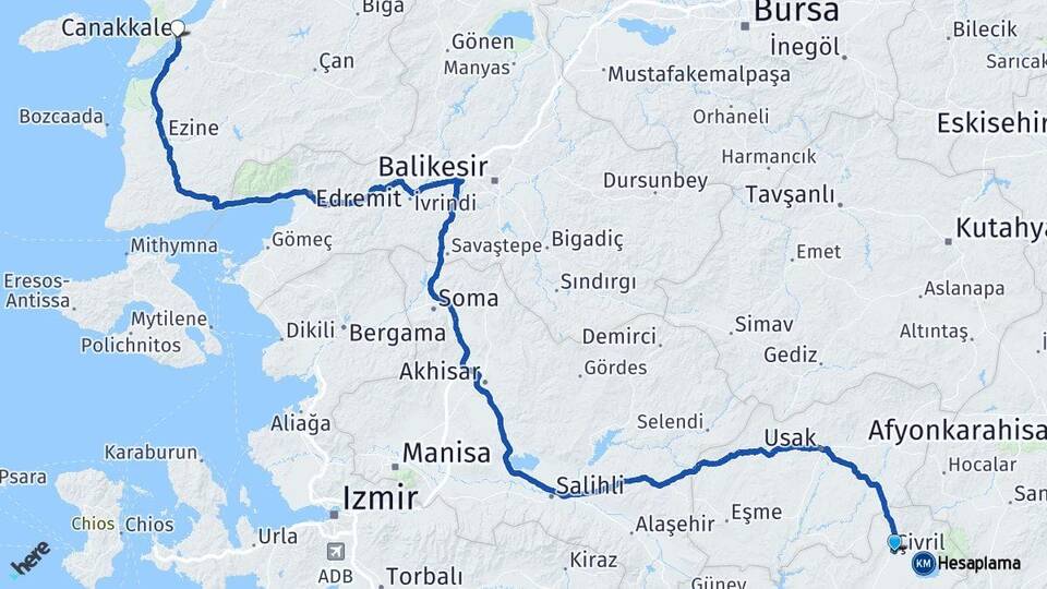 Denizli Çivril Çanakkale Arası Kaç Km - Yol Haritası