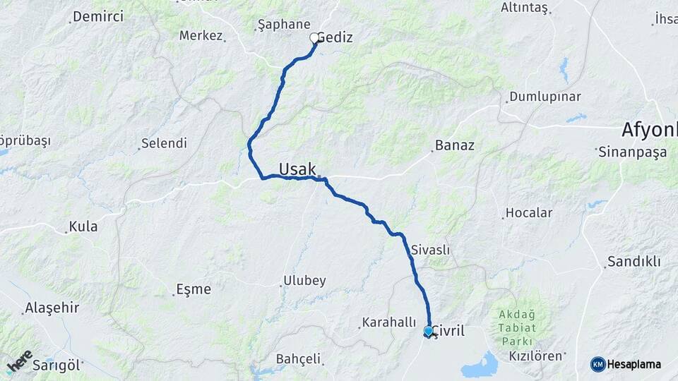 Denizli Çivril Gediz Kütahya Arası Kaç Km - Yol Haritası
