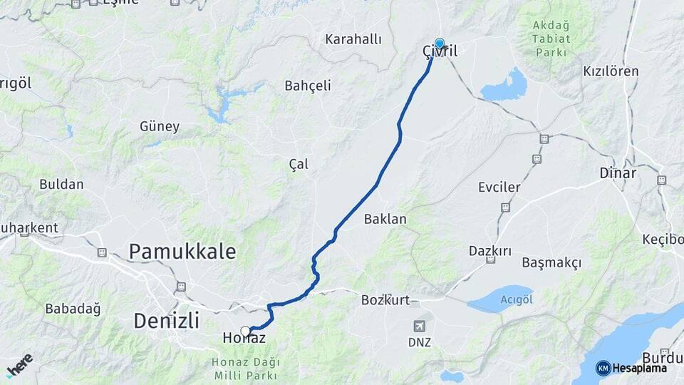 Denizli Çivril Honaz Arası Kaç Km - Yol Haritası