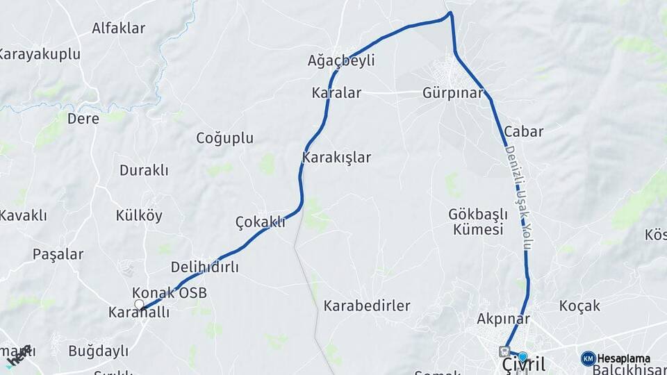 Denizli Çivril Karahallı Uşak Arası Kaç Km - Yol Haritası