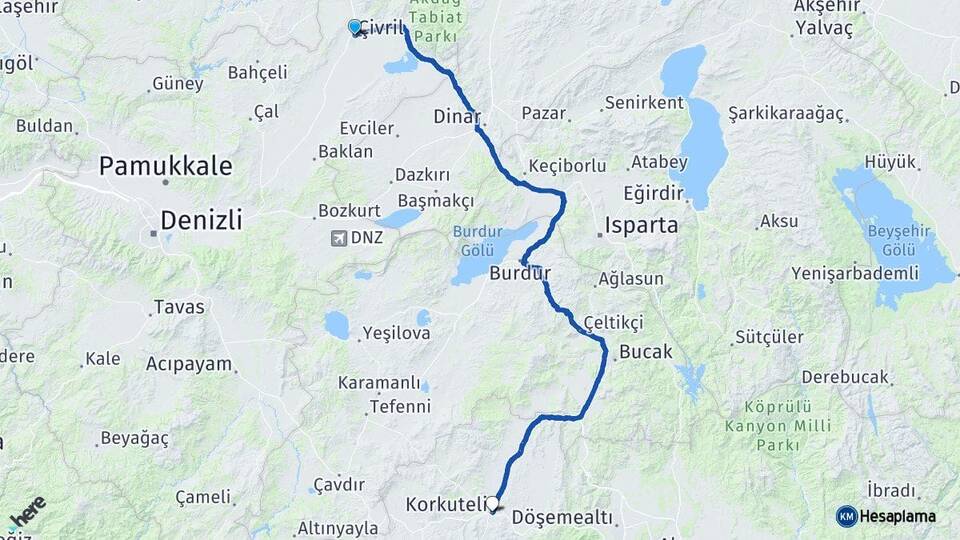 Denizli Çivril Korkuteli Antalya Arası Kaç Km - Yol Haritası