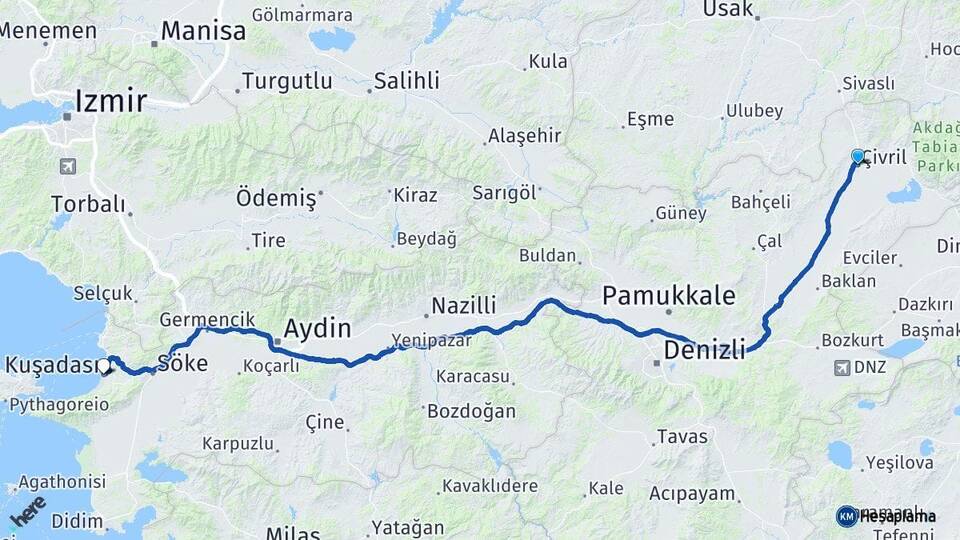 Denizli Çivril Kuşadası Aydın Arası Kaç Km - Yol Haritası
