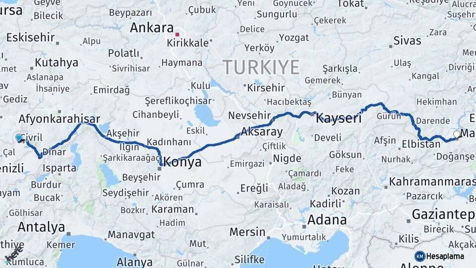 Denizli Çivril Malatya Arası Kaç Km - Yol Haritası