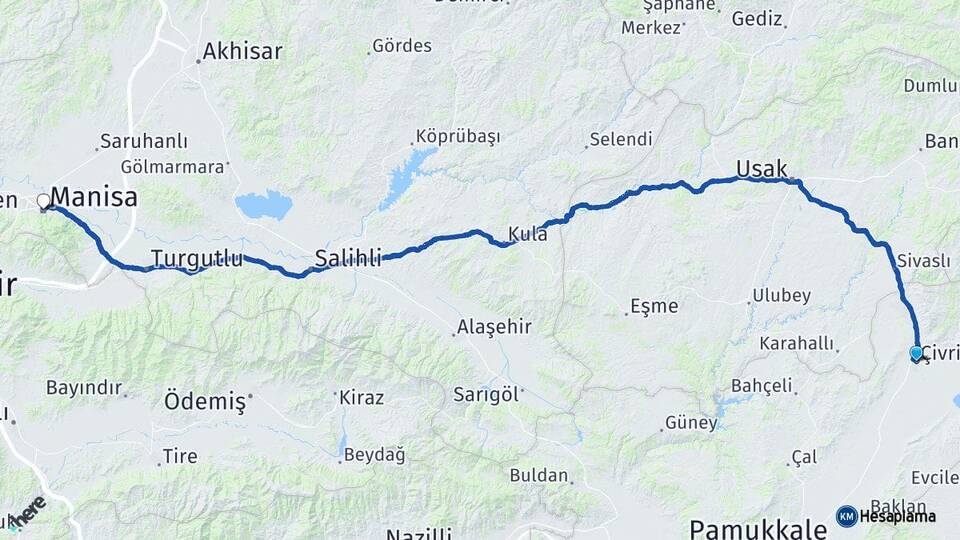 Denizli Çivril Manisa Arası Kaç Km - Yol Haritası