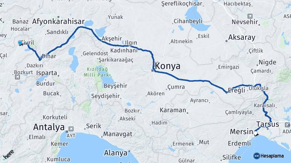 Denizli Çivril Mersin Arası Kaç Km - Yol Haritası