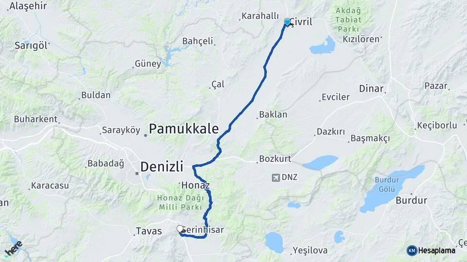 Denizli Çivril Serinhisar Arası Kaç Km - Yol Haritası