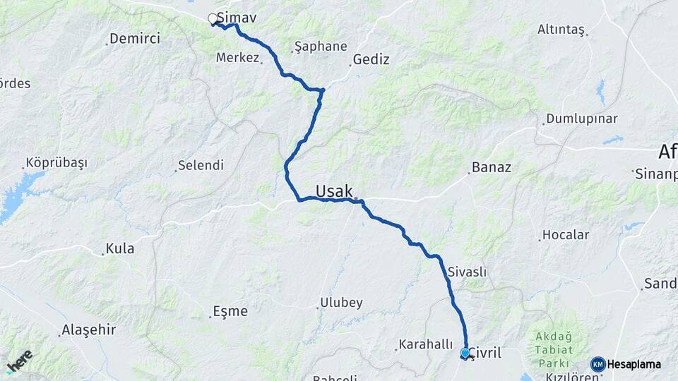 Denizli Çivril Simav Kütahya Arası Kaç Km - Yol Haritası