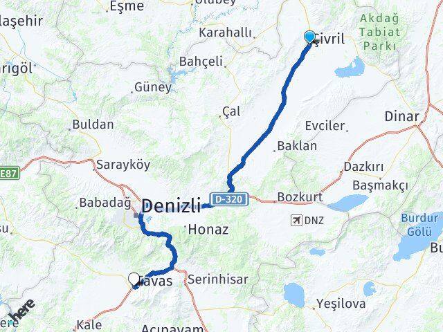 Denizli Çivril Tavas Arası Kaç Km - Yol Haritası