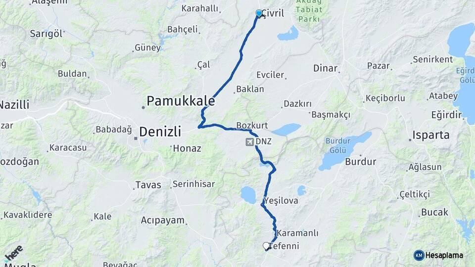 Denizli Çivril Tefenni Burdur Arası Kaç Km - Yol Haritası