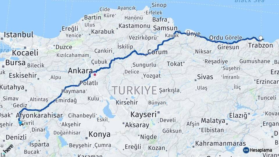 Denizli Çivril Trabzon Arası Kaç Km - Yol Haritası