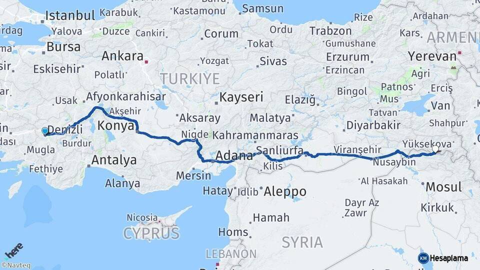 Denizli Çukurca Hakkari Arası Kaç Km - Yol Haritası