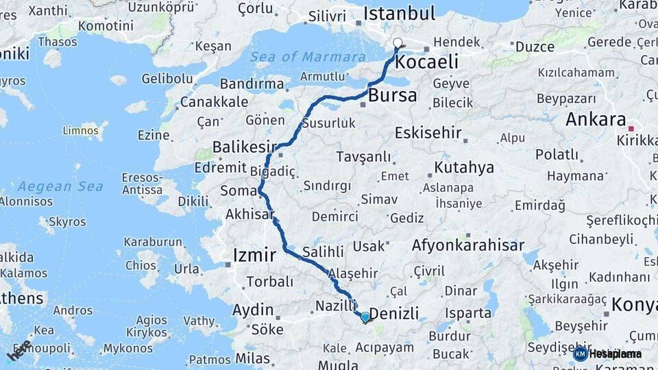 Denizli Dilovası Kocaeli Arası Kaç Km - Yol Haritası
