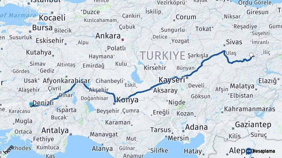 Denizli Divriği Sivas Arası Kaç Km - Yol Haritası