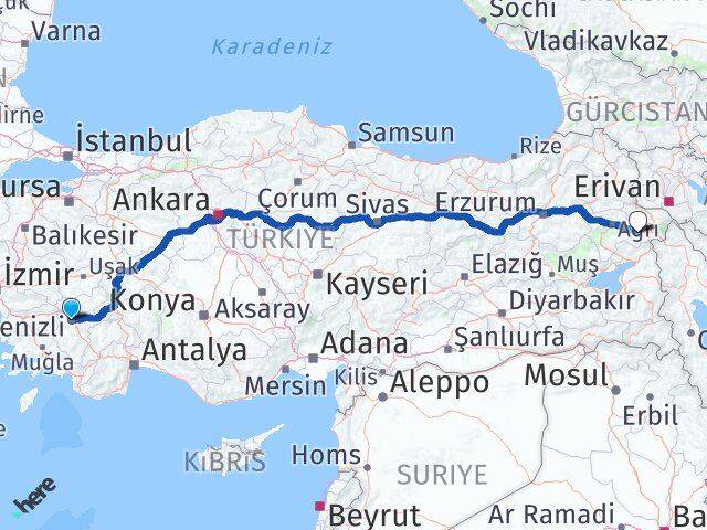 Denizli Diyadin Ağrı Arası Kaç Km - Yol Haritası